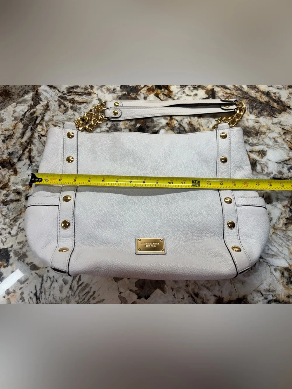 Michael Kors White Pebbled Leather Shoulder Tote with Gold Chain Detail